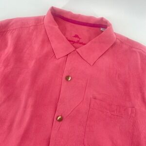 Tommy Bahama Silk Camp Shirt Mens XL Pink Short Sleeve Jacquard Leaf